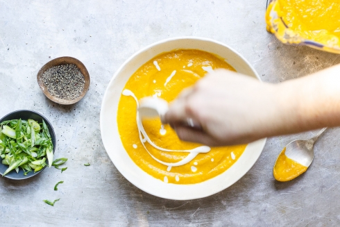 Caramelized Golden Beet Soup with Fall Roots + Garlicky Yogurt Sauce