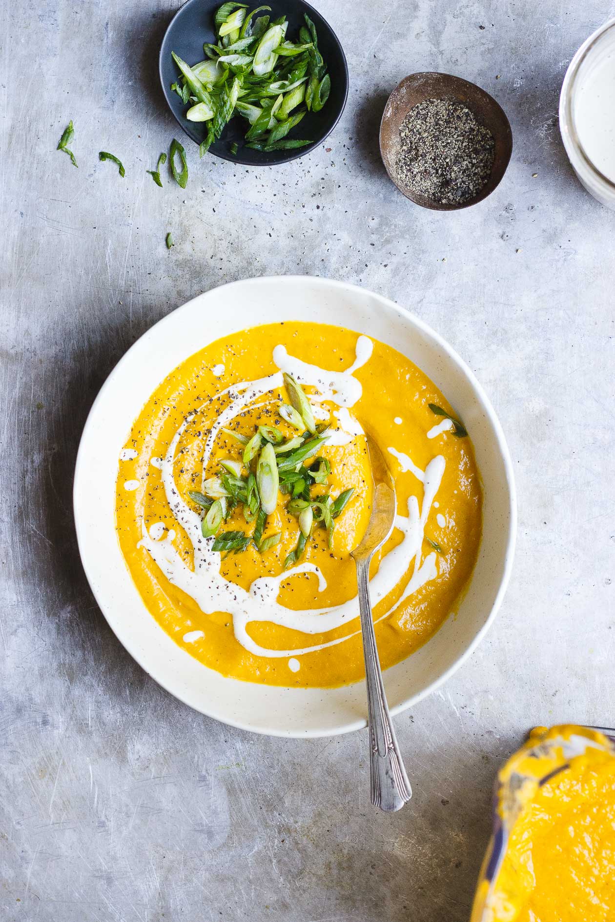 Caramelized Golden Beet Soup with Fall Roots + Garlicky Yogurt | Roasted and deeply caramelized golden beet soup with fall root vegetables and garlicky yogurt or cashew sauce to keep it vegan.