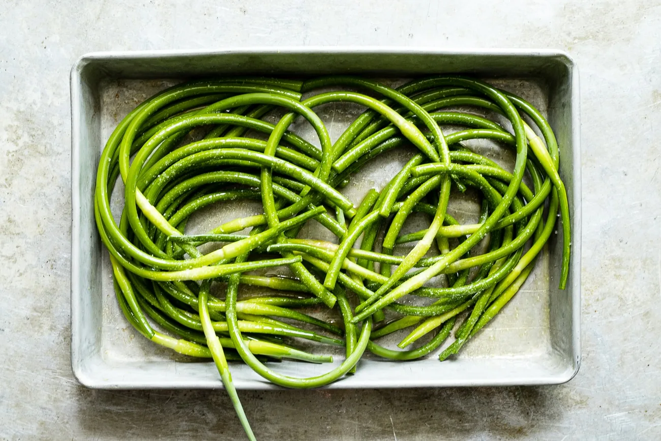 garlic scapes ready to be grilled