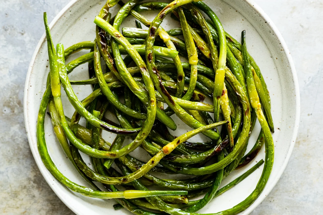 Grilled Garlic Scapes with Sea Salt (gluten-free, vegan)