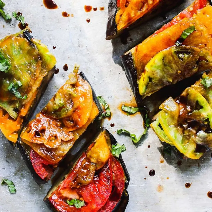 Basil Roasted Eggplant with Heirloom Tomatoes (vegan, low-carb)