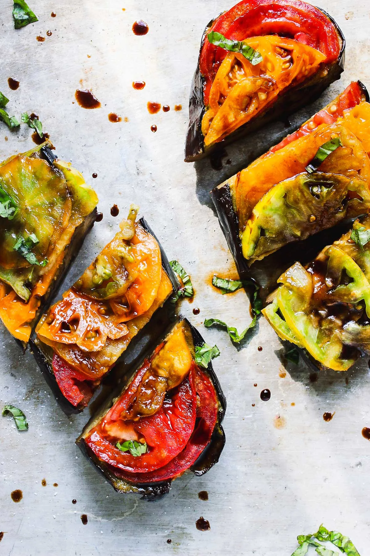 Basil Roasted Eggplant with Heirloom Tomatoes vegan low carb