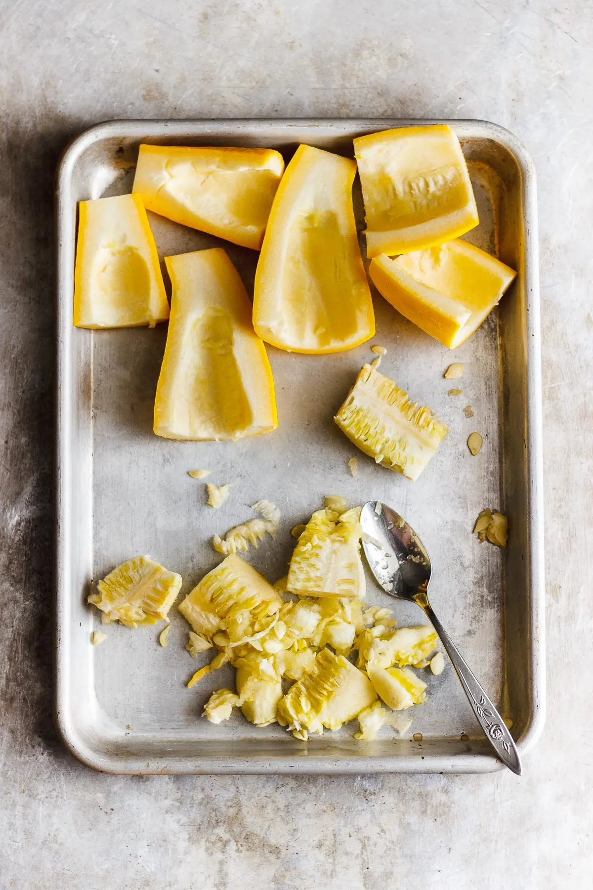 seeded summer squash on a tray