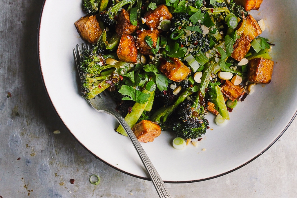 Crispy Baked Tofu Broccoli Bowl with Blood Orange Sauce