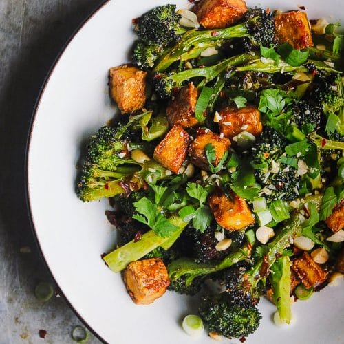 Crispy Baked Tofu Broccoli Bowl with Blood Orange Sauce