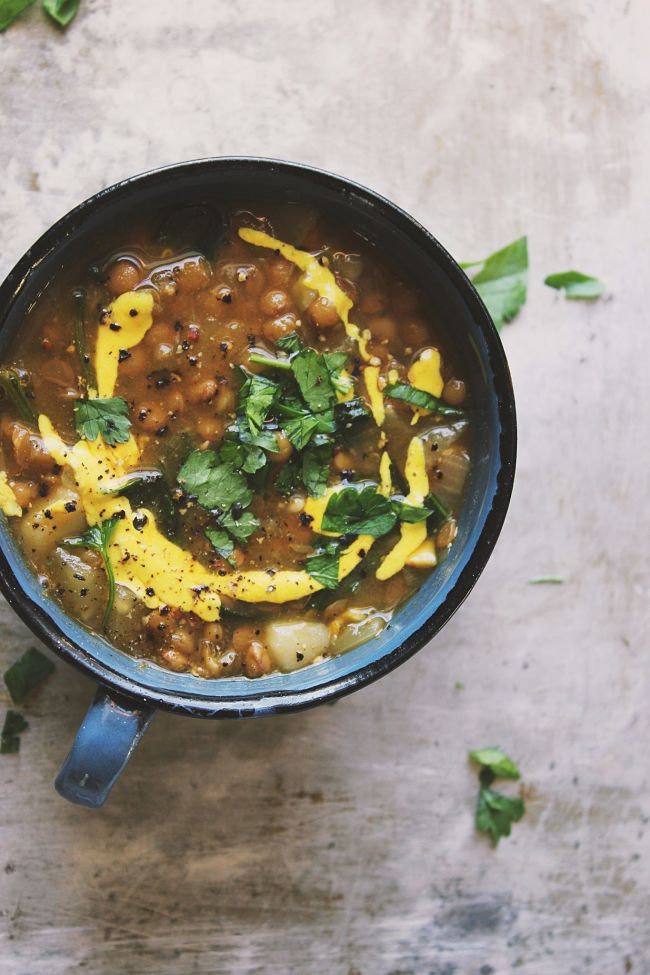 Green Lentil Soup with Potatoes + a Lemony Mustard Cream | @withfoodandlove