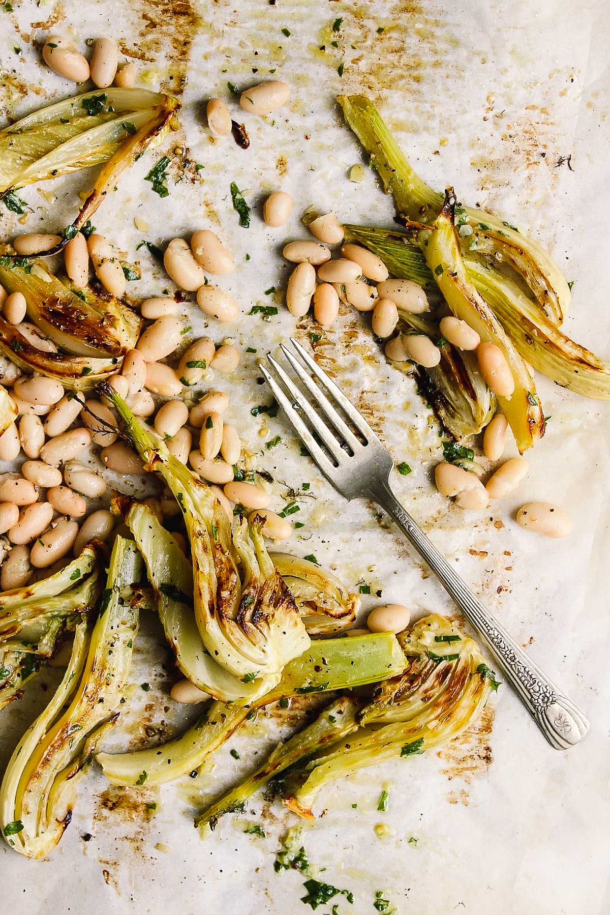 fennel and white beans on a sheet pan