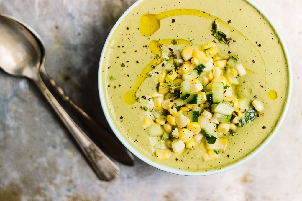 Chilled Cream of Basil Soup with Corn + Cucumber Salad