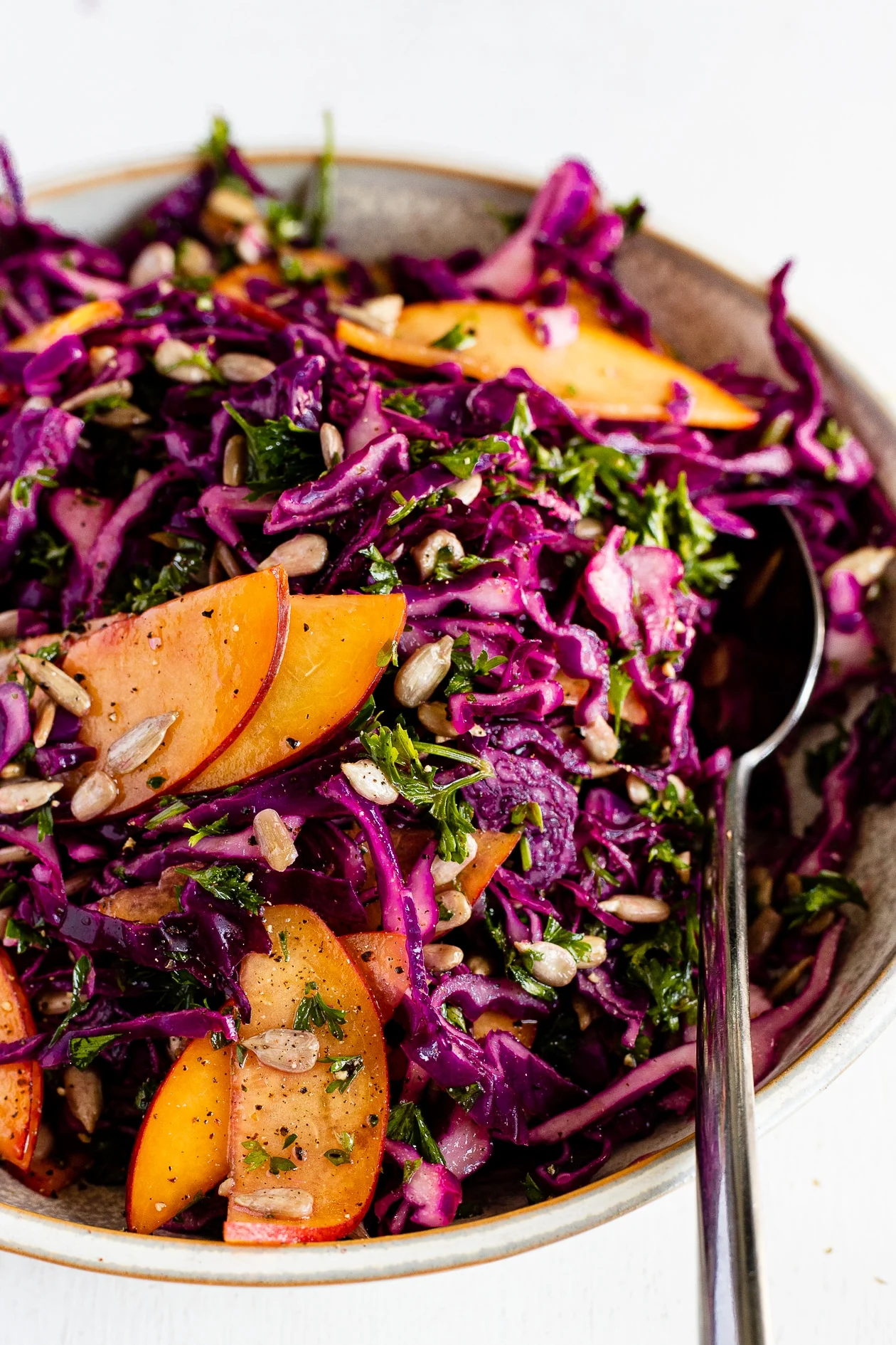 red cabbage and peach slaw