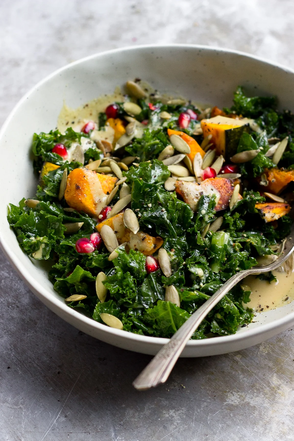 kale kabocha squash and pomegranate salad with dijon dressing