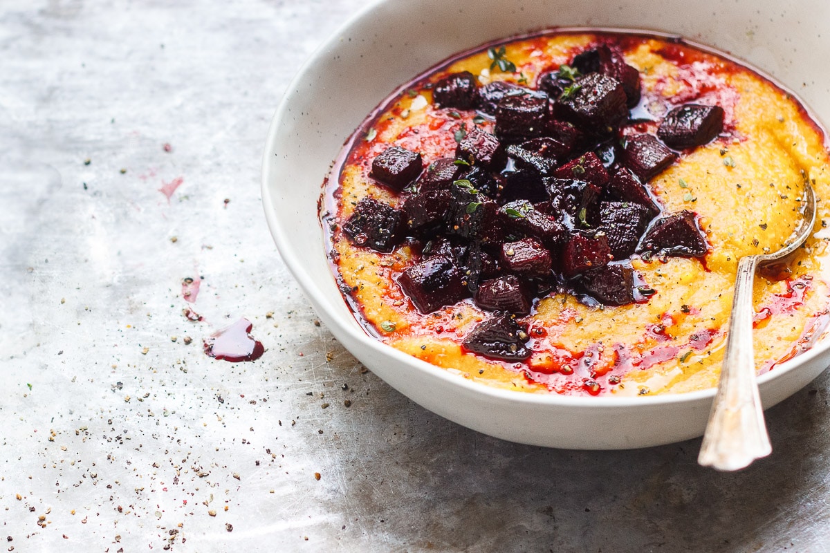 balsamic roasted beets on top of polenta