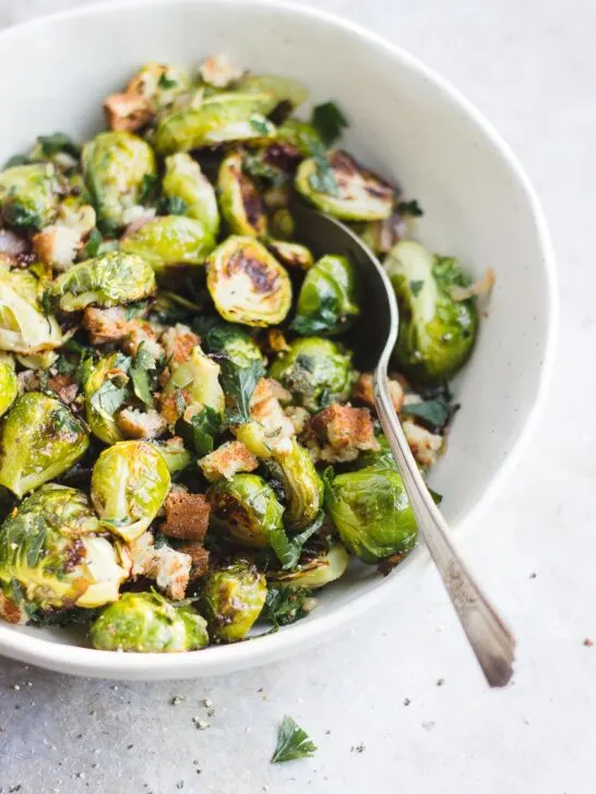 brussels sprouts with bread crumbs in a bowl
