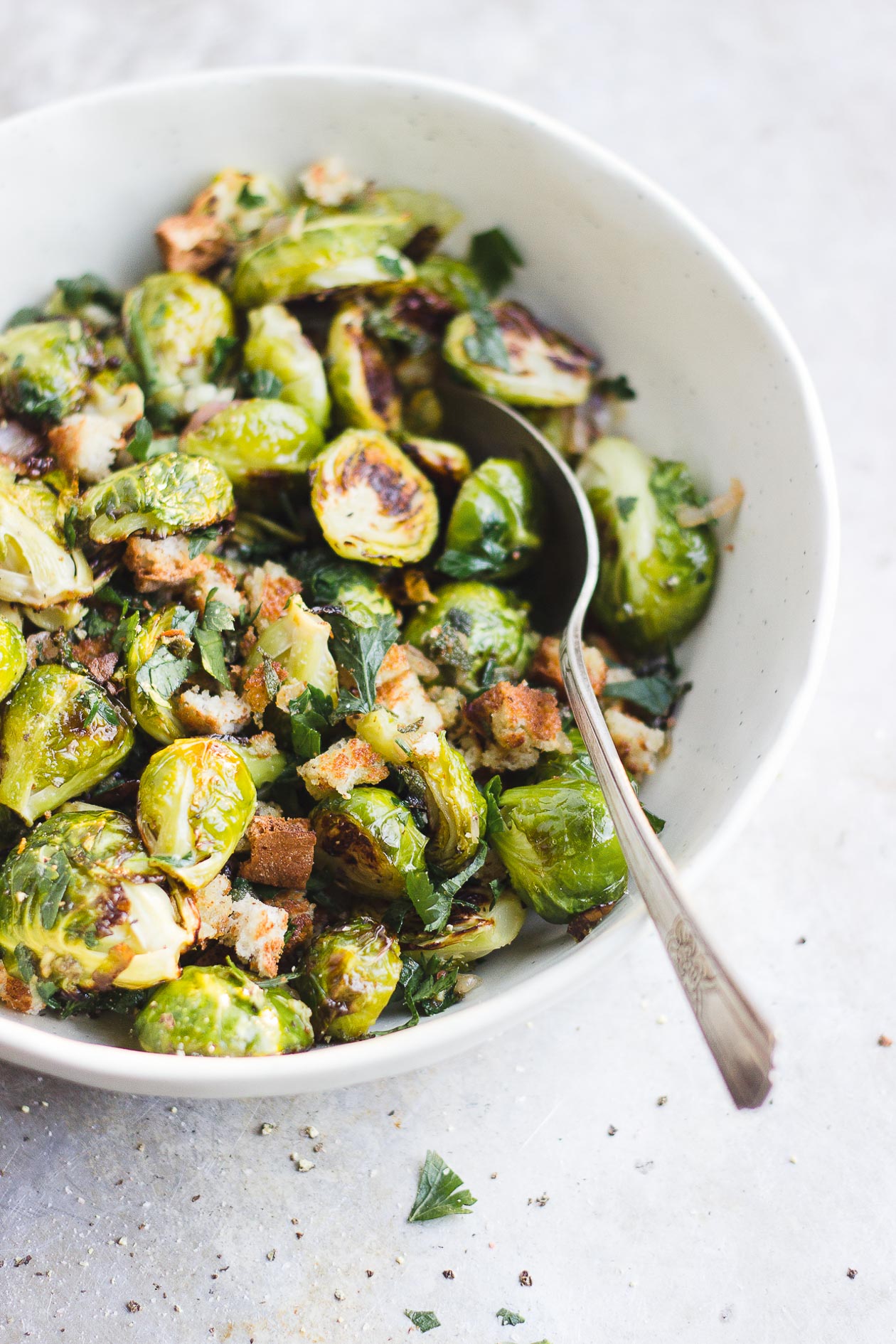 brussels sprouts with bread crumbs in a bowl