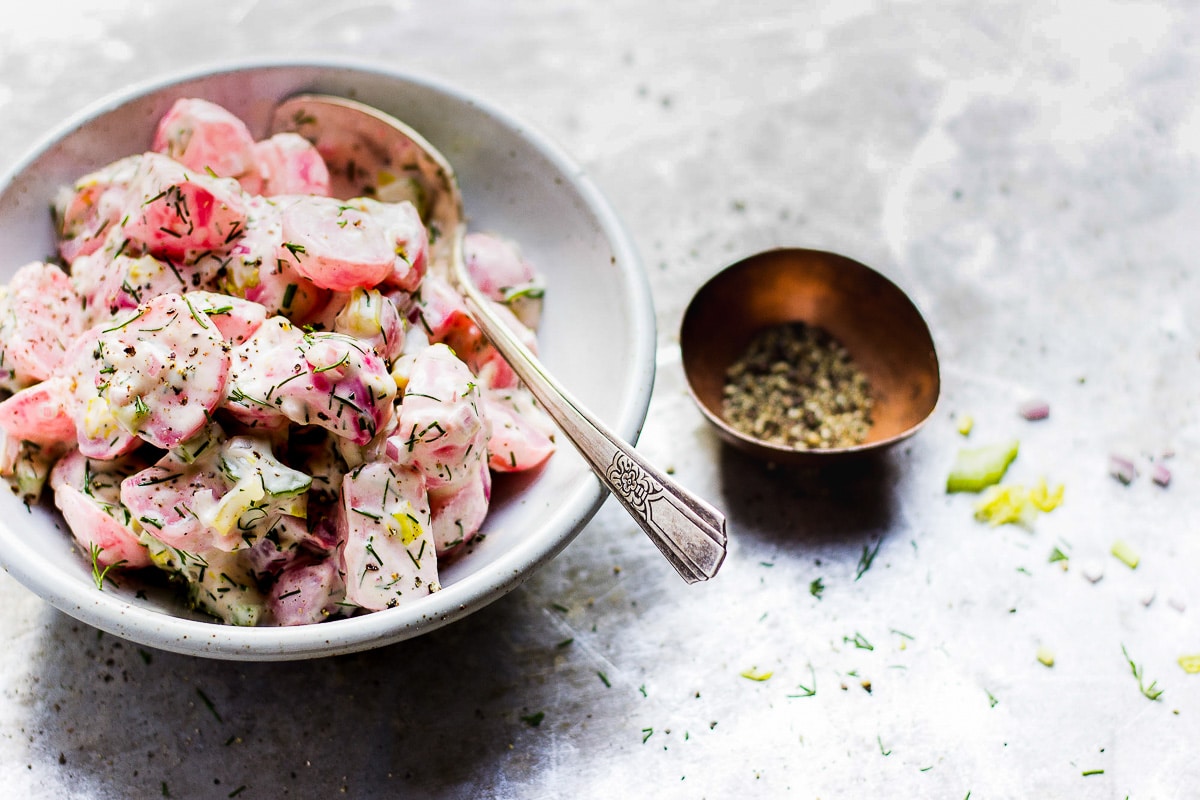 Radish Potato Salad with Creamy Dill Dressing (low-carb, keto, vegan)