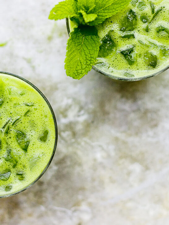 The Green Drink with Pineapple + Mint | A vegan, go-to, classic green drink lightly sweetened with pineapple and mint. A green drink for summer. An easy green drink for breakfast, lunch or snack.