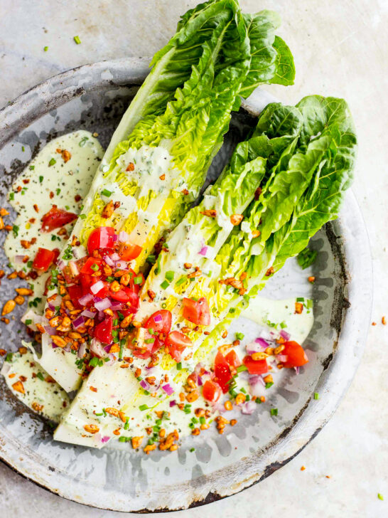 Romaine Wedge Salad with Chive Dressing + Smoky Sunflower Bits | A vegan romaine wedge salad that is topped with raw, creamy chive dressing and smoky sunflower vegan bacon bits. Summery food at its finest.