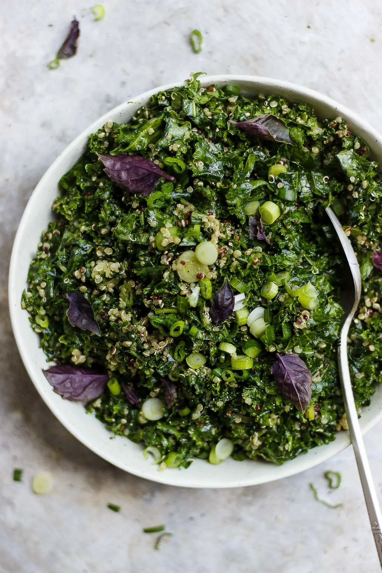 Green Quinoa Salad with Basil Dressing | A super green quinoa salad full of powerhouse super-foods like kale, scallions, quinoa and dressed in a simple, vegan creamy basil dressing.