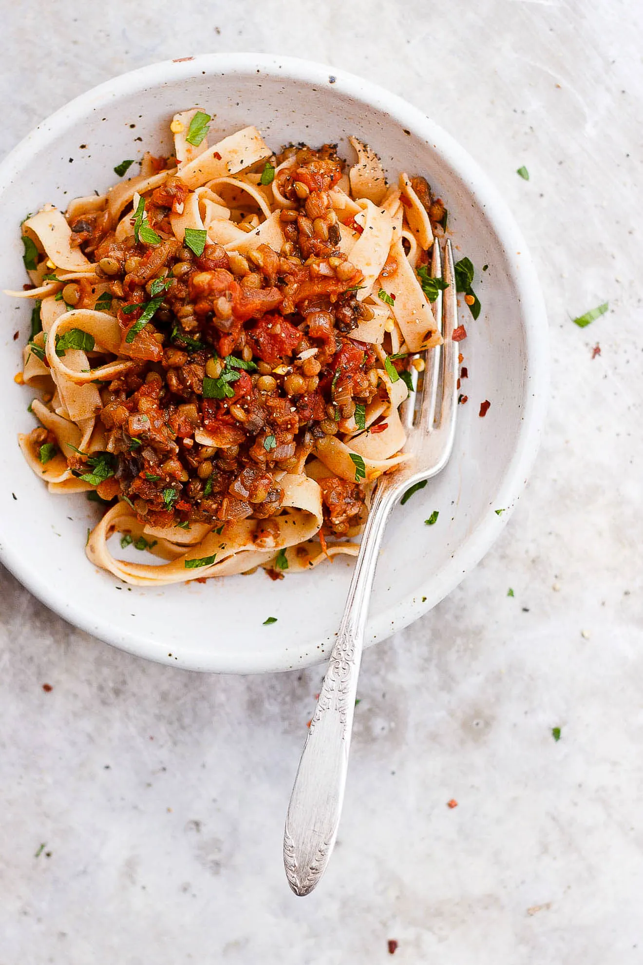  lentil bolognese sauce over pasta