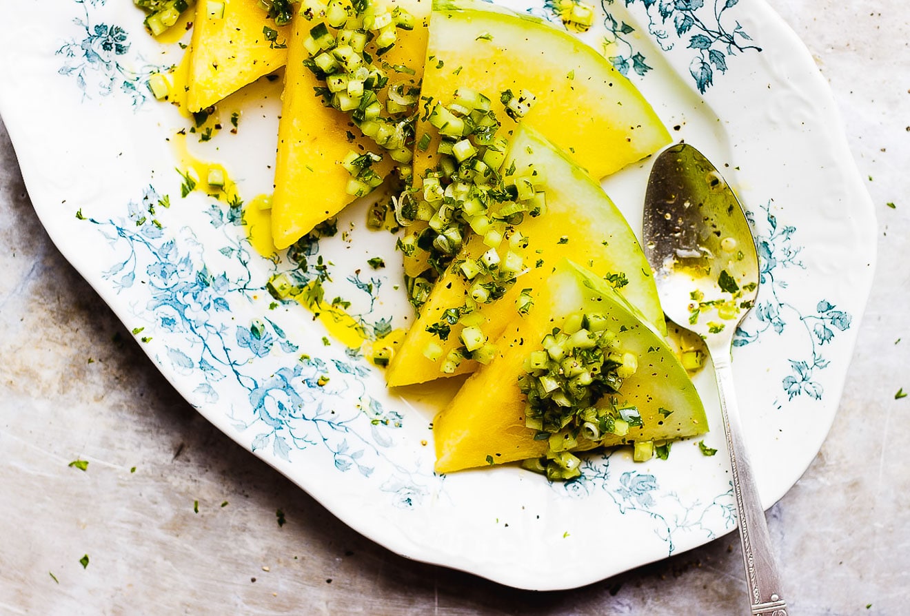 yellow watermelon salad on a plate