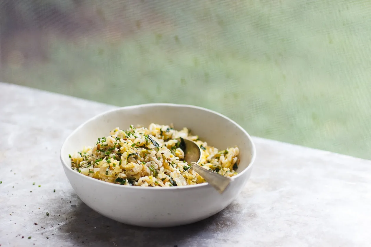 All of the Alliums Fried Rice | With Food + Love | Vegetarian and naturally gluten-free fried rice with all of the alliums fried a touch of ginger and kale from Molly Yeh's new book Molly On The Range.