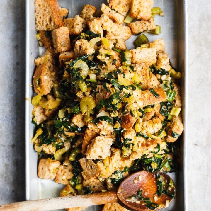 uncooked sage stuffing in a pan