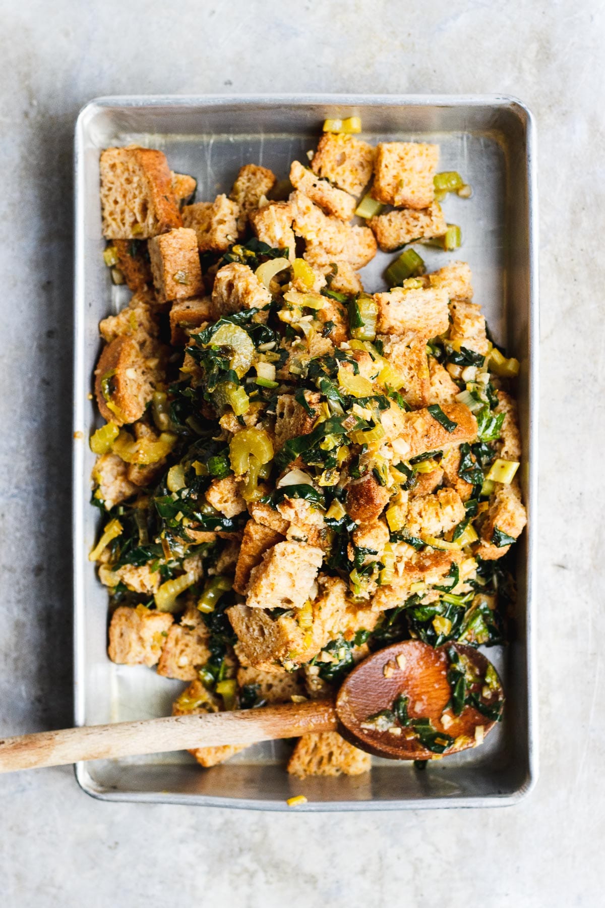 uncooked sage stuffing in a pan