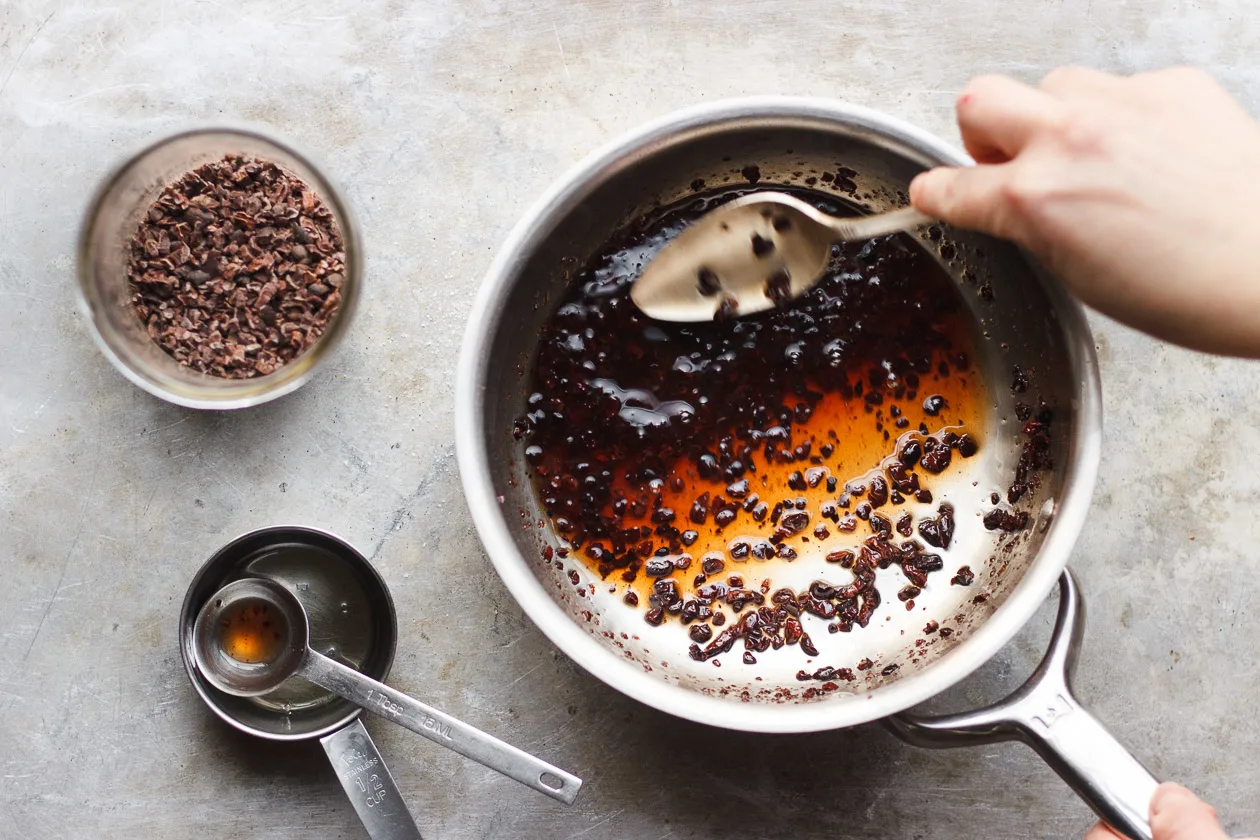 Coconut Panna Cotta with Salty Maple Cacao Nibs | Vegan and gluten-free panna cotta made with coconut milk, agar agar and lightly sweetened and topped with salty maple cacao nibs.