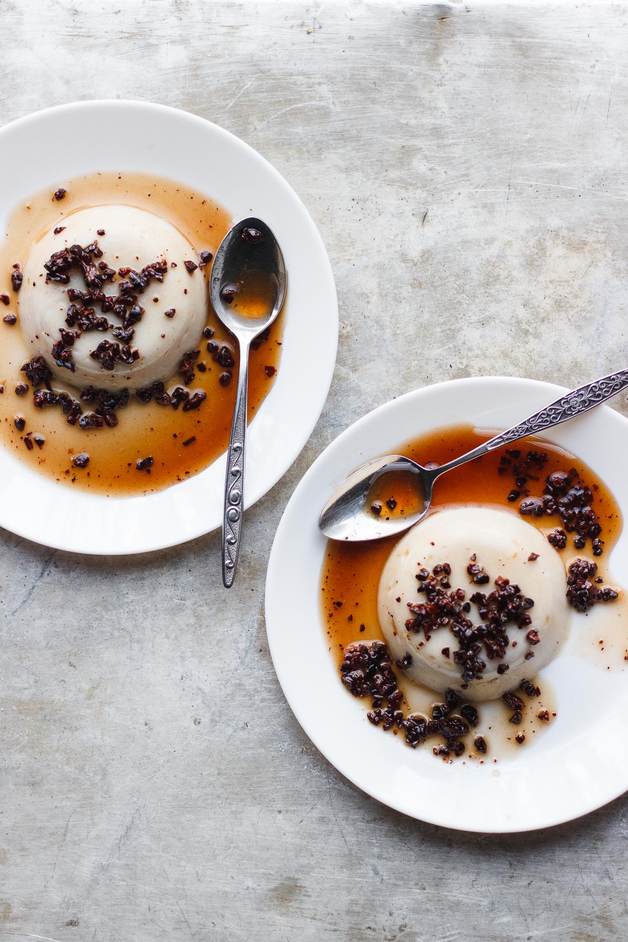 Coconut Panna Cotta with Salty Maple Cacao Nibs