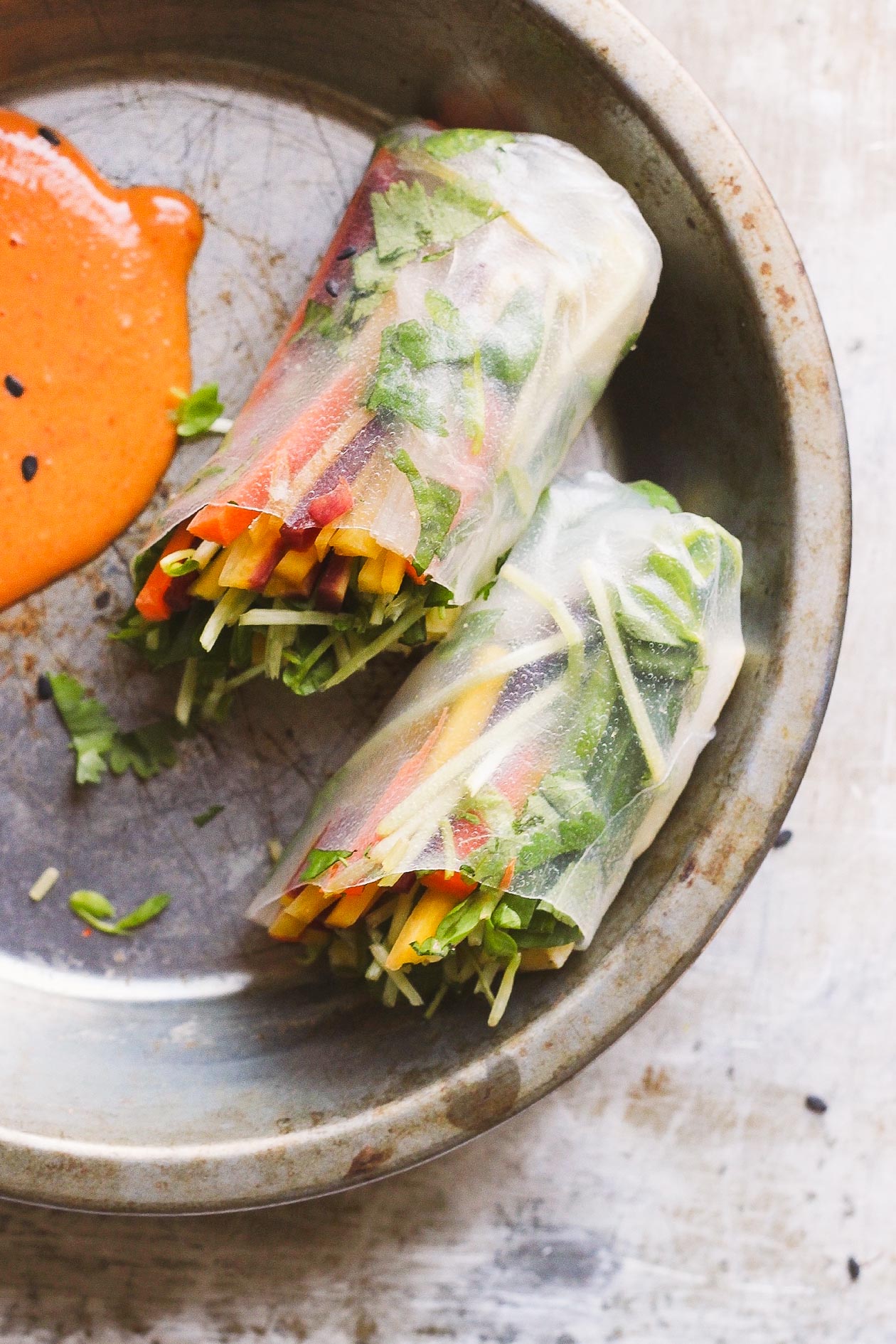 Pad Thai Spring Rolls with Red Curry Peanut Sauce | Vegetarian and gluten-free pad thai spring rolls with vegan and gluten-free, all-natural, healthy red curry peanut sauce.