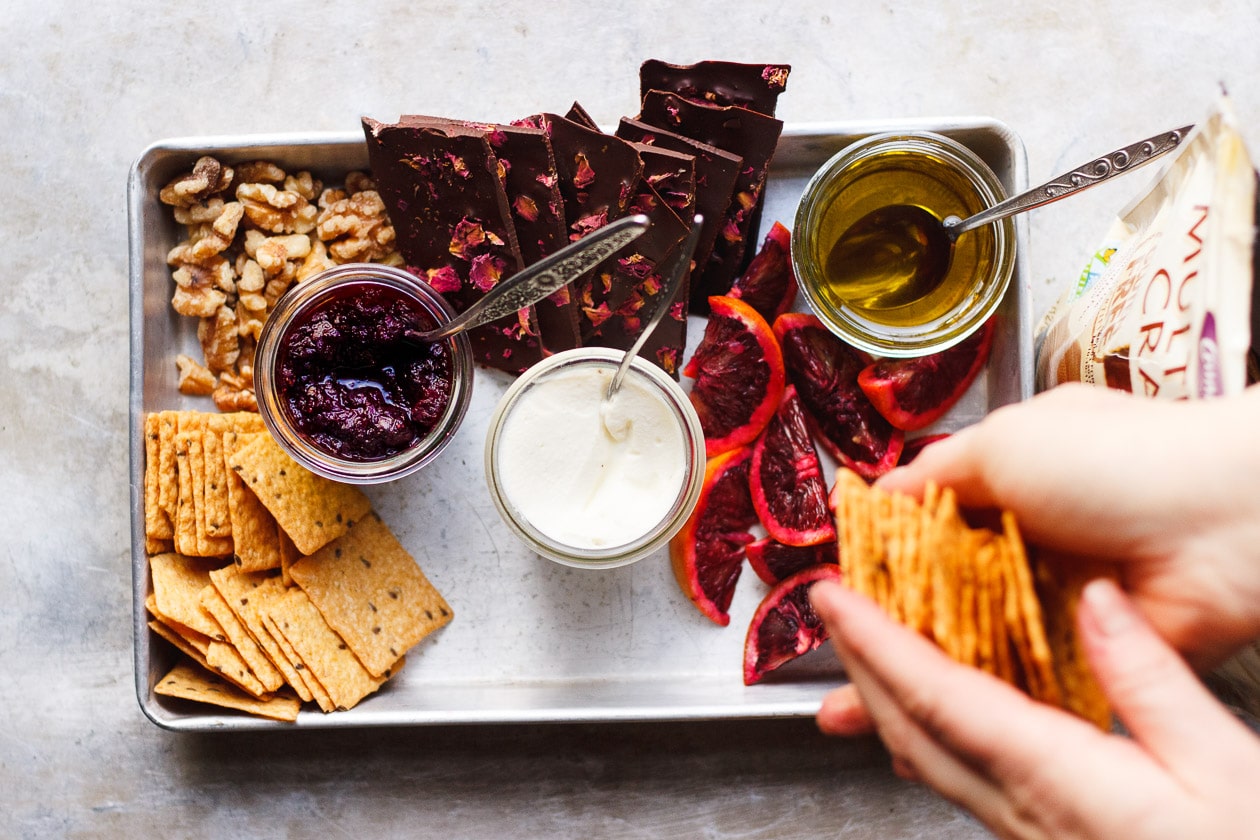 A Snack Board for Two with Olive Oil Whipped Ricotta Bites | A snack board for two is how you share sweet and savory bites with someone you love. It's perfect for Valentine's Day, anniversaries or a date night in.