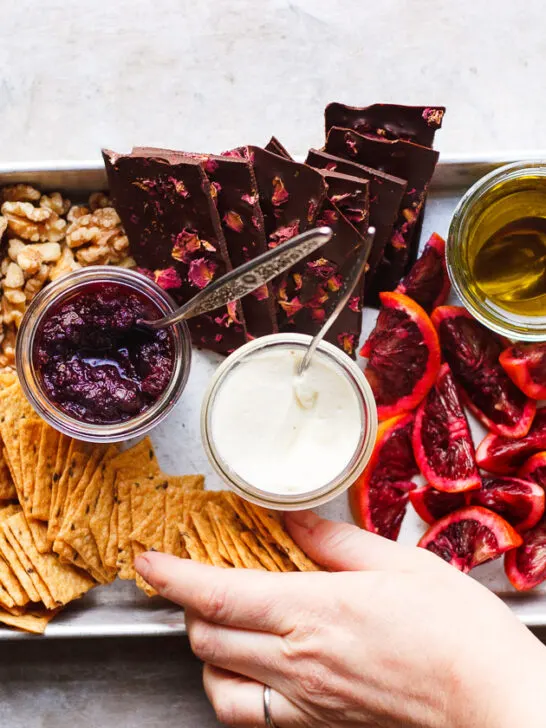A Snack Board for Two with Olive Oil Whipped Ricotta Bites | A snack board for two is how you share sweet and savory bites with someone you love. It's perfect for Valentine's Day, anniversaries or a date night in.