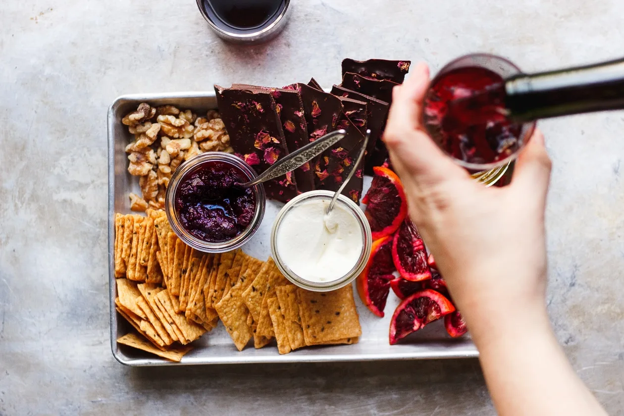 A Snack Board for Two with Olive Oil Whipped Ricotta Bites | A snack board for two is how you share sweet and savory bites with someone you love. It's perfect for Valentine's Day, anniversaries or a date night in.