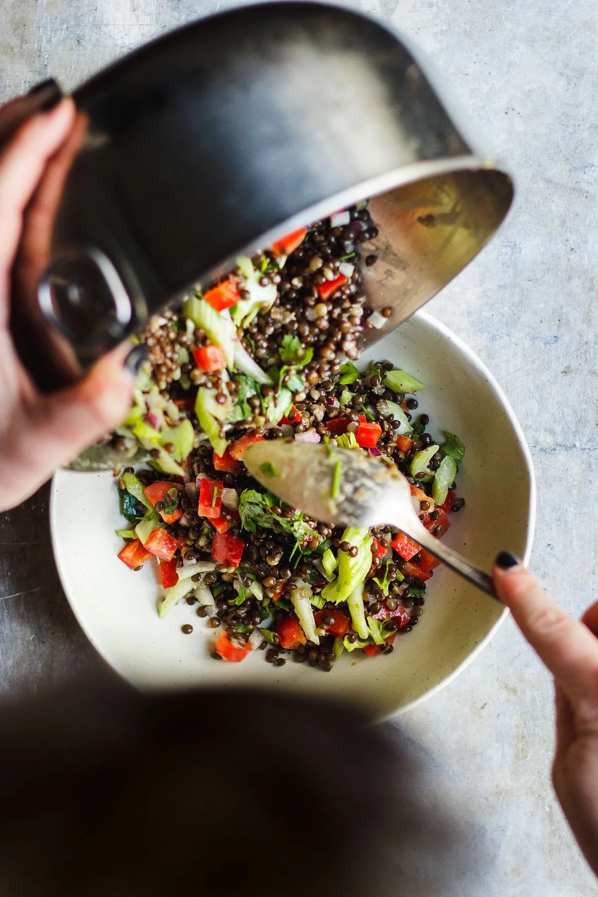 mixing bowl with lentil salad