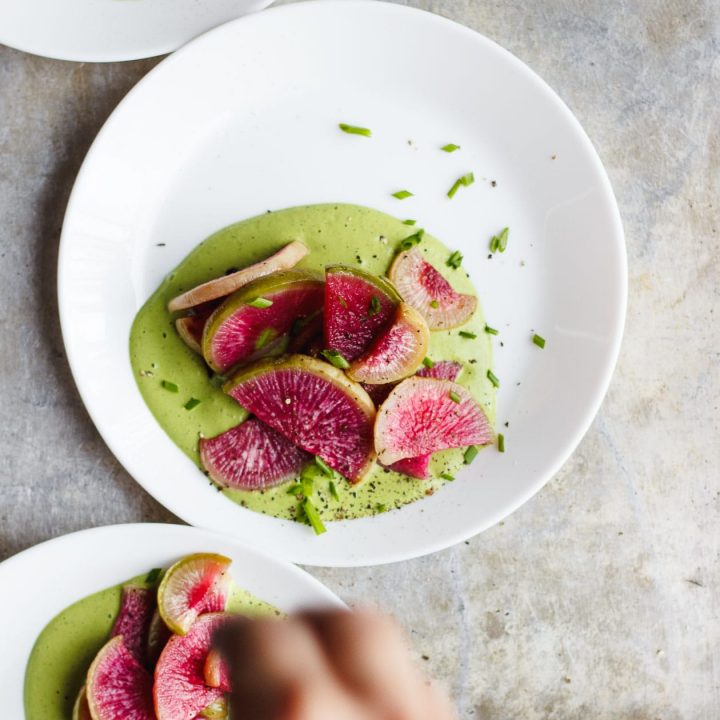 roasted watermelon radishes with green sauce