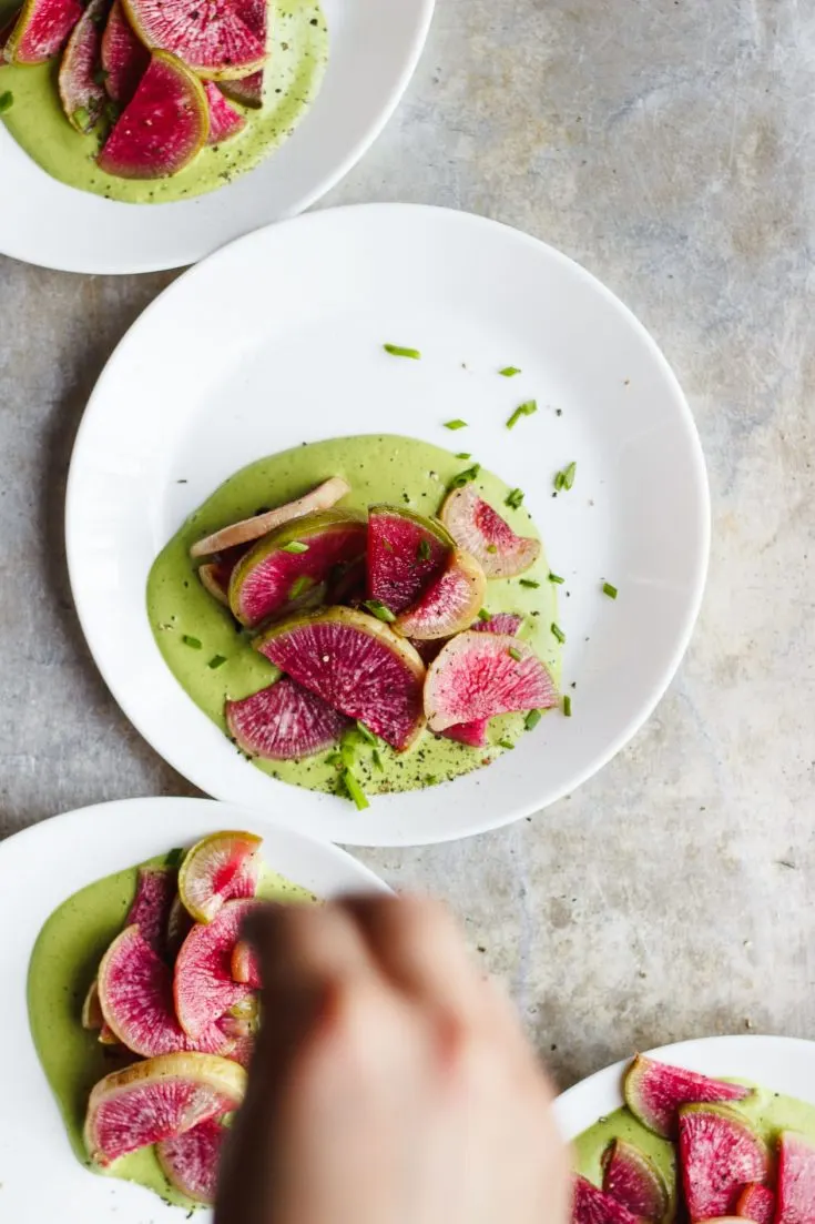 roasted watermelon radishes with green sauce