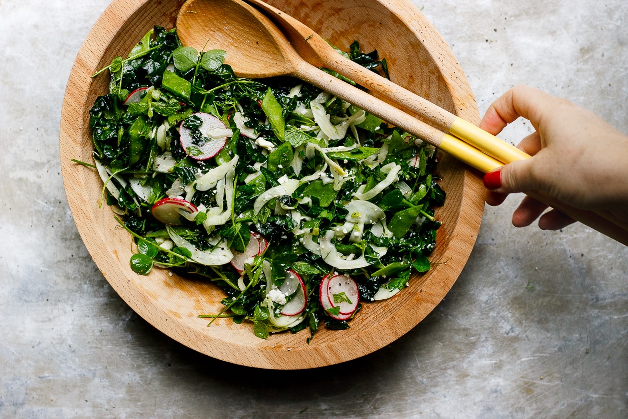 Lemony Fennel Radish + Kale Salad with Herbs + Feta | Lemony fennel, radish, spring pea and kale salad loaded with herbs and feta cheese. A bright, vibrant, packed with flavor spring and summer salad. 