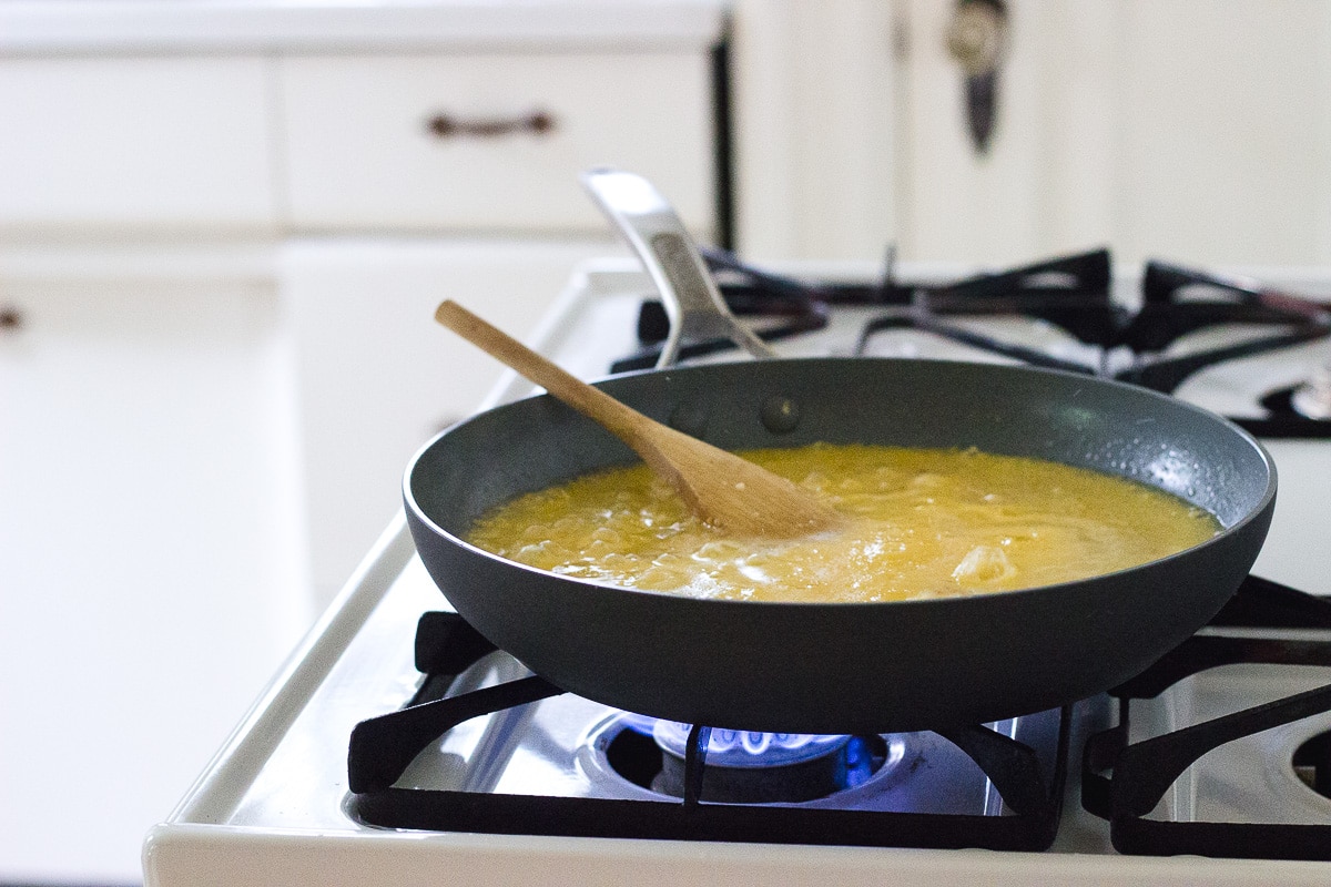 polenta simmering on the stove