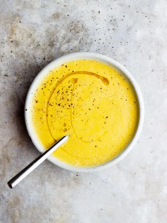 vegan corn soup in a bowl