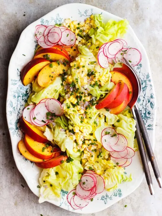 Summer Butter Lettuce Salad with Peaches + Sweet Corn | A fresh, summery, delicate butter lettuce salad with peaches, sweet corn and a light lemon agave dressing. An easy salad with loads of flavor and crunch.