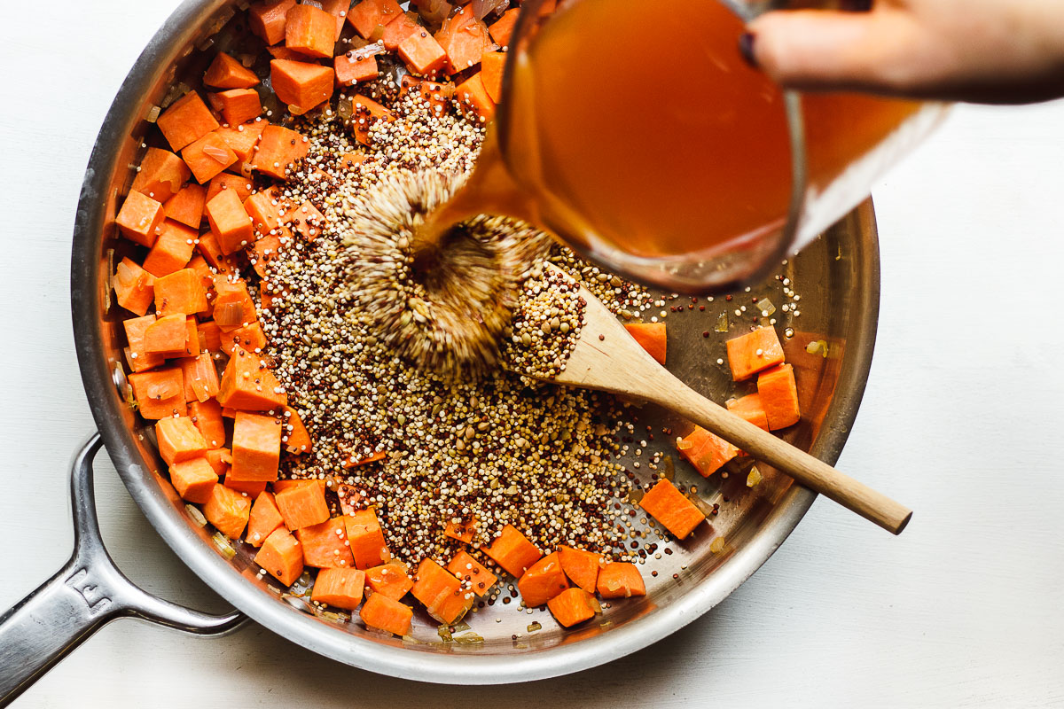 sweet potato and quinoa in a pan