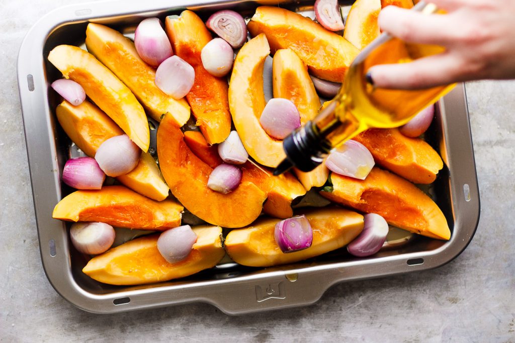 Roasted Acorn Squash and Shallots with Parsley Oil (vegan)