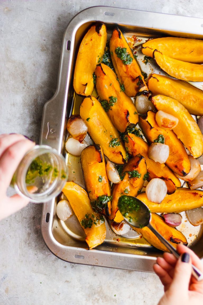 Roasted Acorn Squash and Shallots with Parsley Oil (vegan)