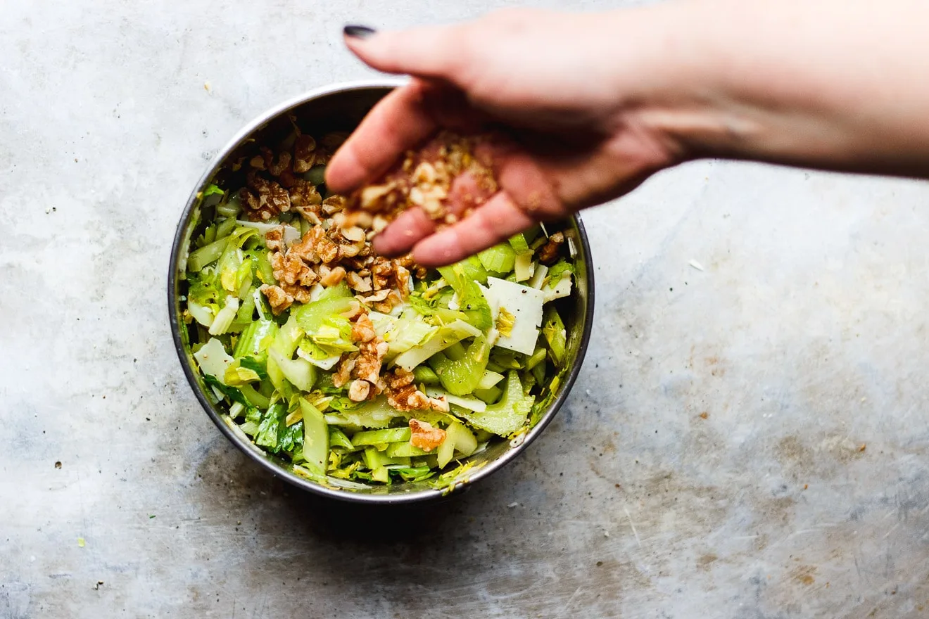 Celery Salad with Parmigiano-Reggiano + Walnuts | A salty, crunchy celery salad with parmigiano-reggiano and walnuts. A classic, three-ingredient celery and parmesan cheese salad.