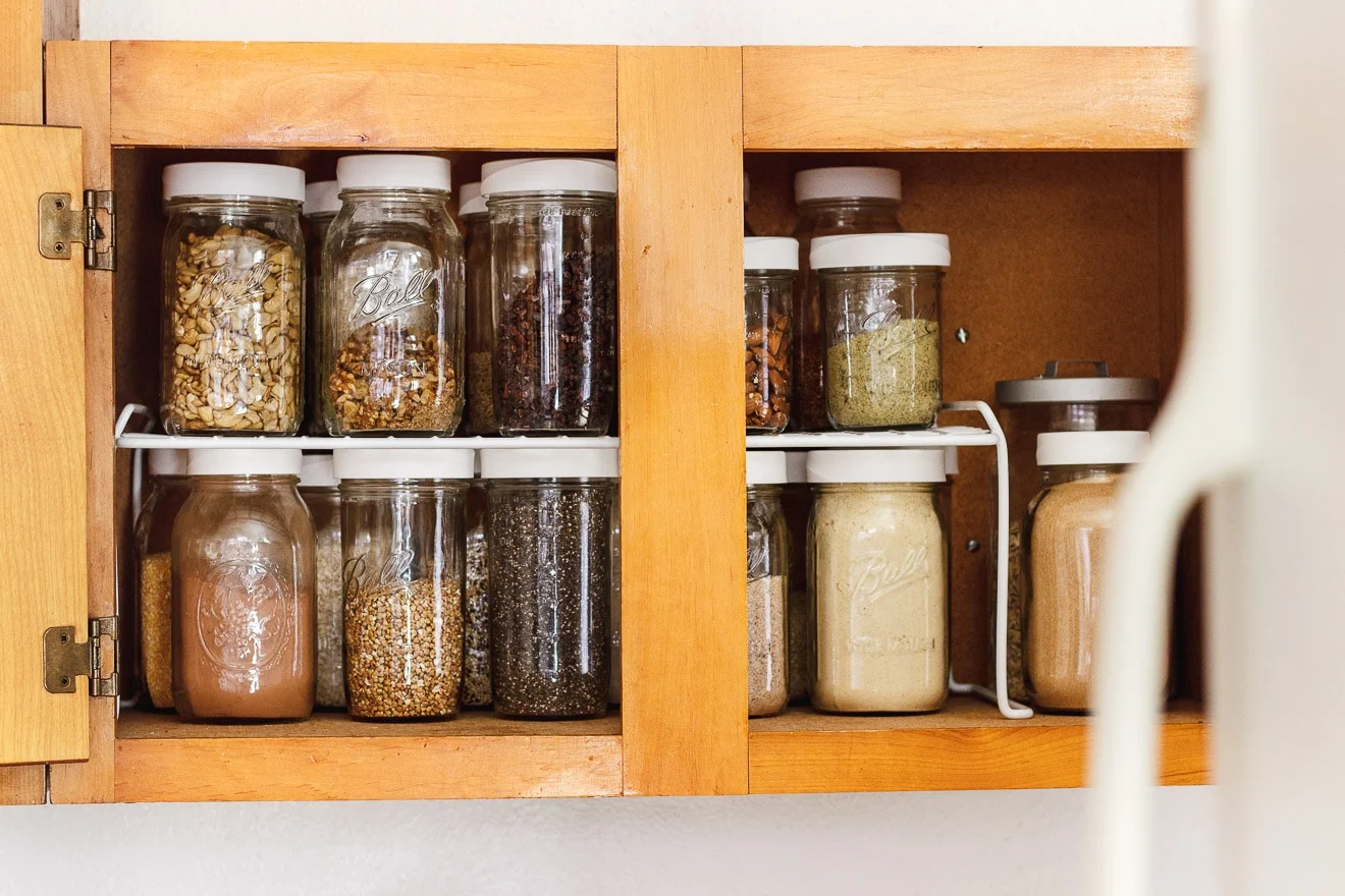 jars with pantry items on a shelf