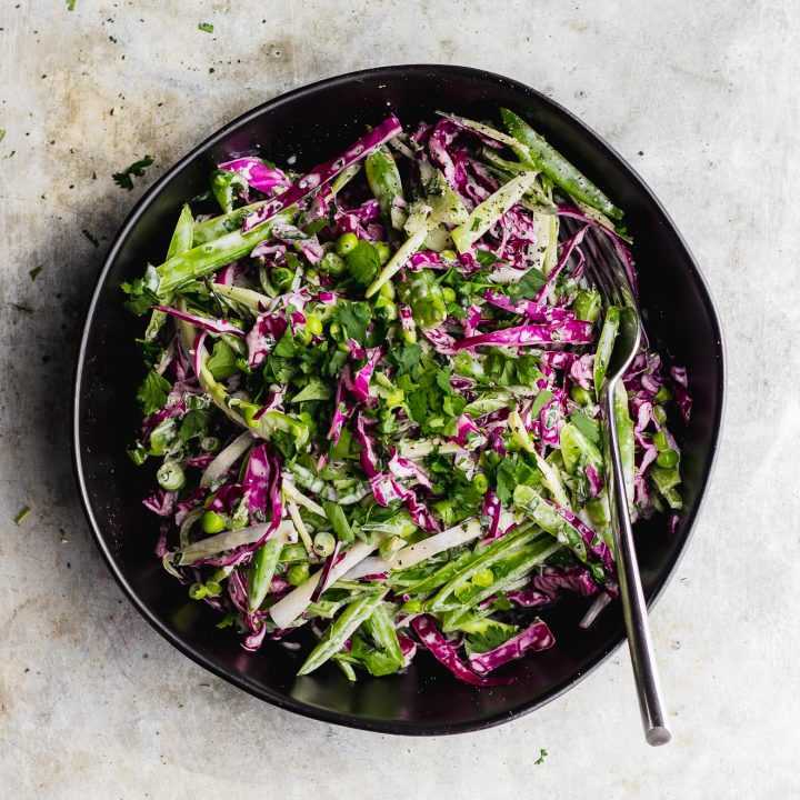 Broccoli Stem Slaw with Snap Peas + Basil Cilantro Aioli