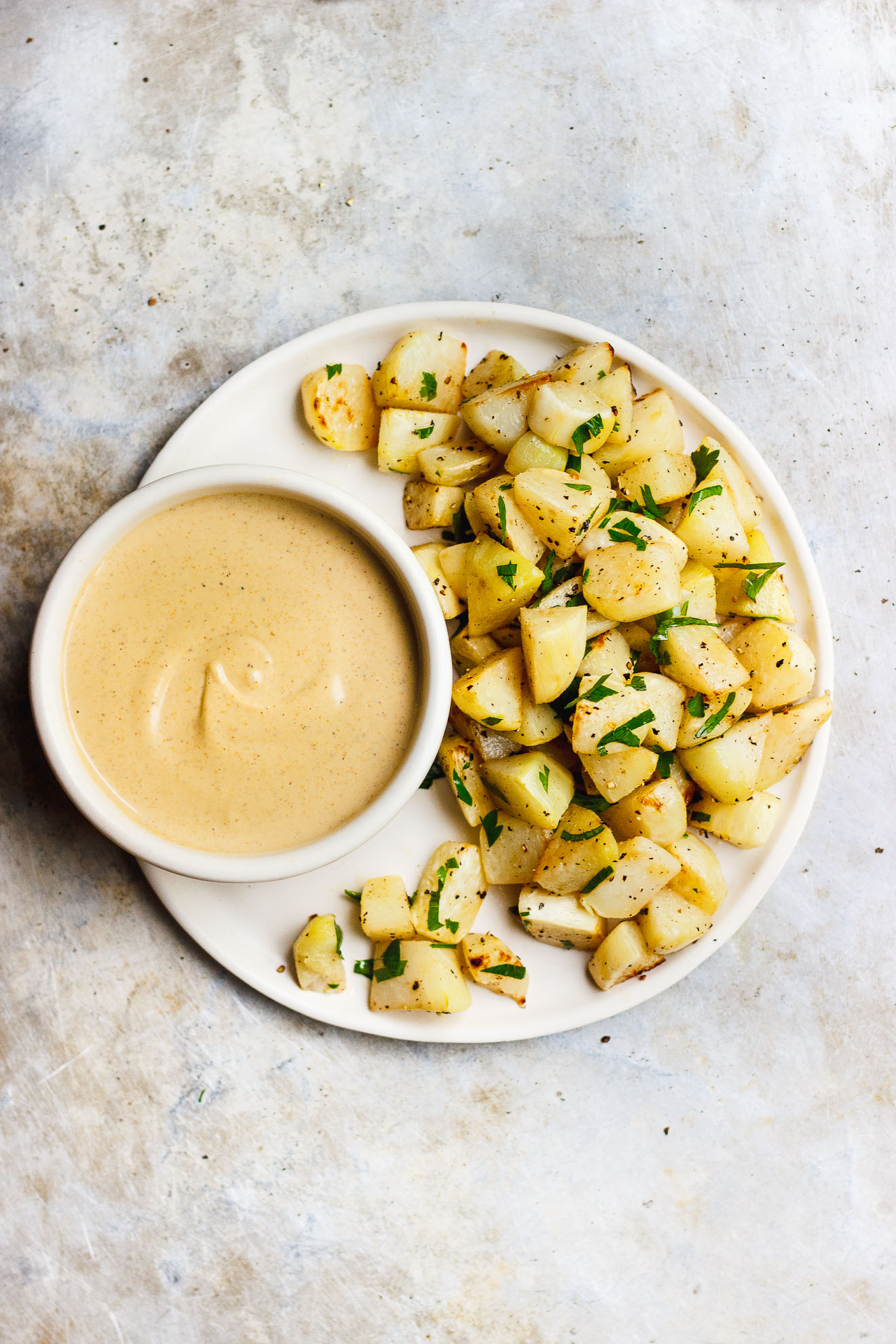 Roasted Kohlrabi with Creamy Old Bay Onion Dip