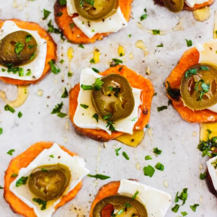 sweet potato crostini with brie and honey and jalapeño