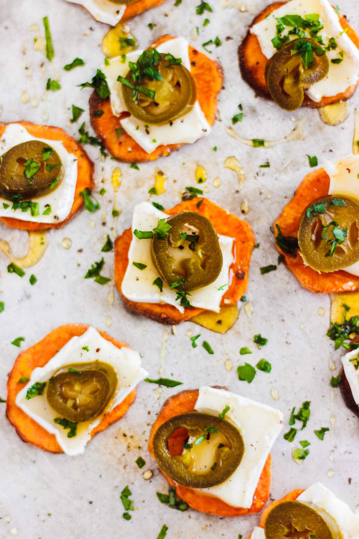 sweet potato crostini with brie and honey and jalapeño