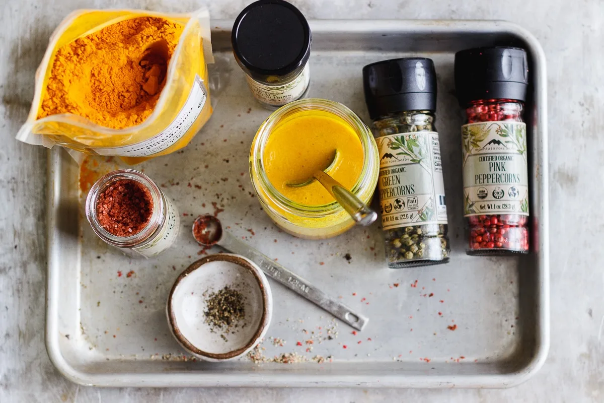 turmeric and spices on a tray