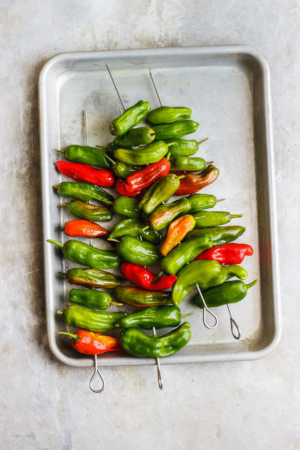 shishito peppers on a tray